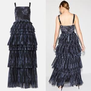 Hutch Spaghetti Strap Tiered Ruffle Tulle Maxi Dress Fun Formal Gown - SZ 2 $449